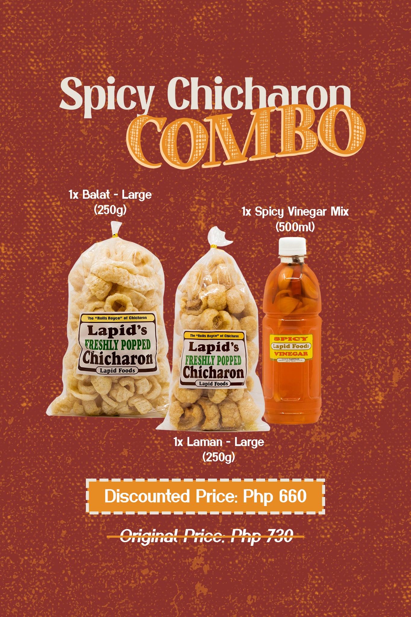 two packs of pinoy chicharon and one bottle of spicy vinegar